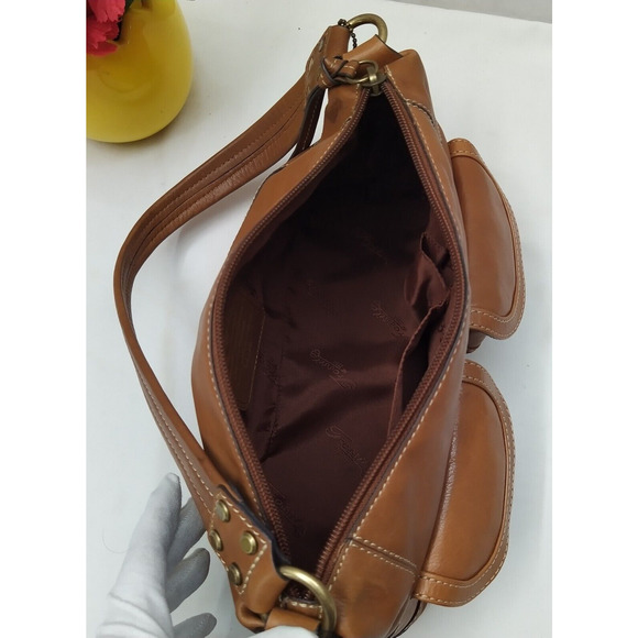 Fossil Brown Leather Front Pockets Zipper Closure Hobo Shoulder Bag - Picture 8 of 16